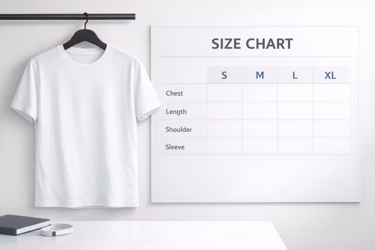Apparel size chart preview with T-shirt and sizing board